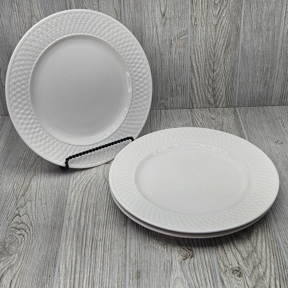 Oneida Westerly Basket White Stoneware Dinner Plates Set of 3 Textured Rim 11
